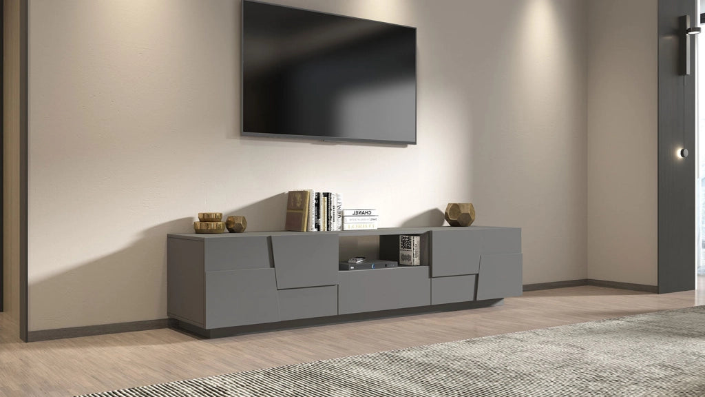 Mobile Tv 4 Anta 1 Cassetto e Ripiano a Giorno 220x44x46 cm Pongo 4A 1C Grigio Antracite Opaco