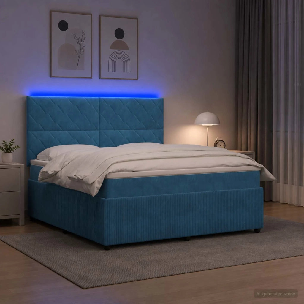 Letto Box Spring LED con Materasso Blu 140 x 190 cm Velluto 3456075