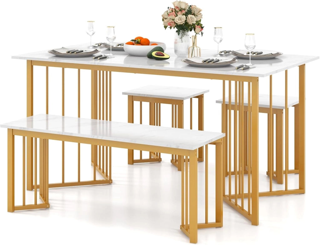 Set Tavolo da Pranzo a 4 Posti, Tavolo da Pranzo Rettangolare con Panca e 2 Sgabelli, con Gambe in Metallo Alate, per Cucina, Soggiorno, Sala da Pranzo, 150 x 80 x 75 cm