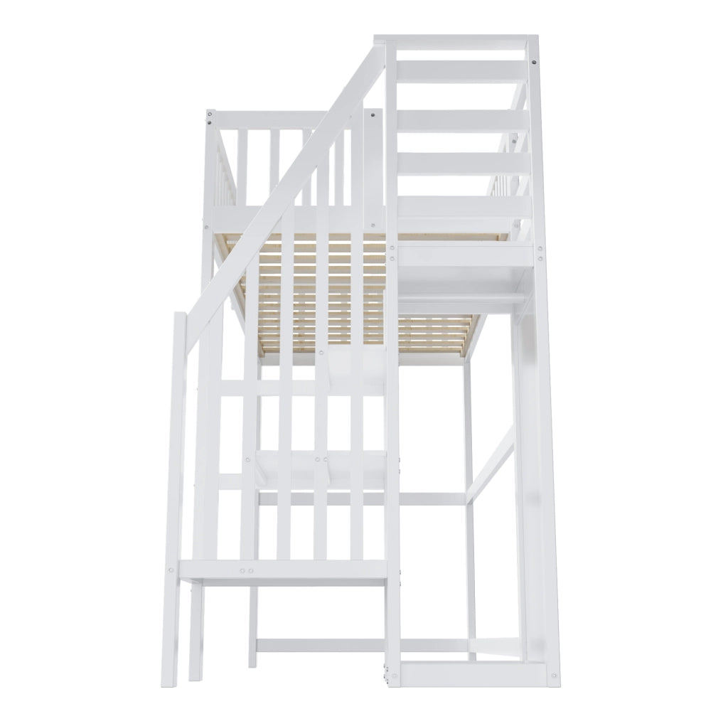 Letto soppalco bambini 90x200 bianco con scala e contenitori， senza materasso