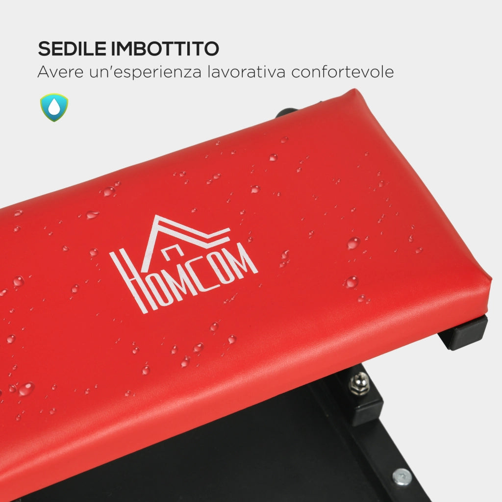 Sgabello Imbottito con Ruote e Vassoio ¨C Zephmum ¨C Acciaio e PU, Rosso, 38x35x37cm