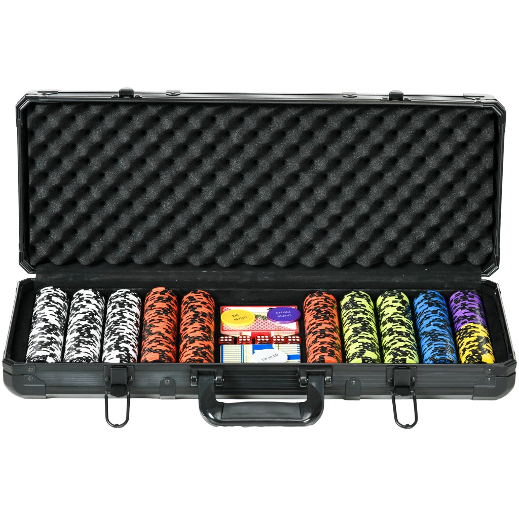 Set Poker con 500 Fiches, 2 Mazzi di Carte, 5 Dadi, Pulsanti e Valigetta Protettiva in Alluminio Nero