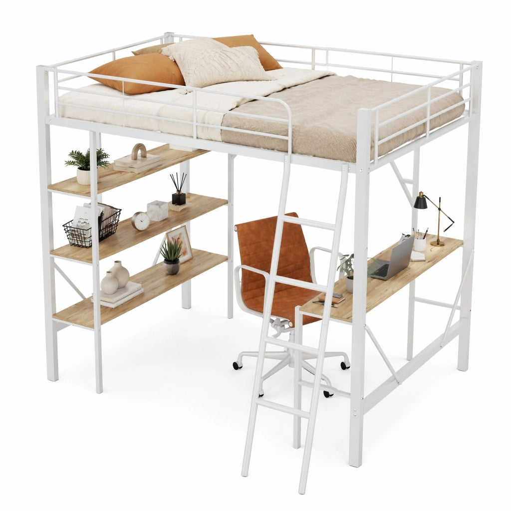 Hochbett 90x200 cm con scrivania e 3 ripiani, struttura in metallo e MDF, bianco