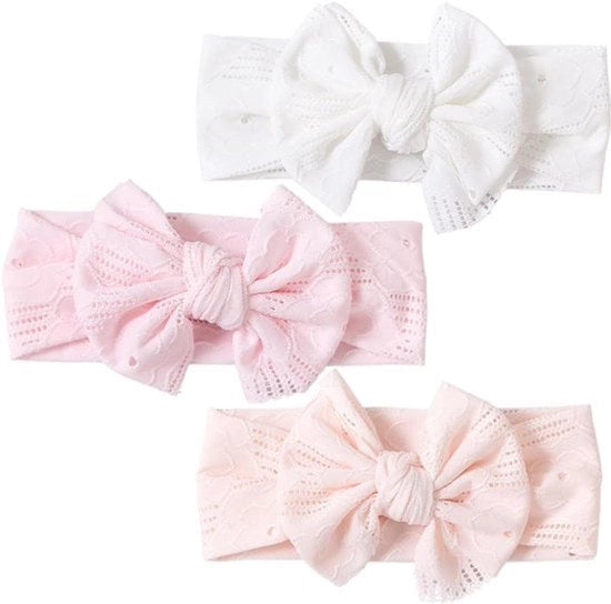Set di Fasciature per Capelli in Nylon per Bambine - Fascia per Capelli Elastica - Set da 3 - Bambine e Bambini - Rosa e Bianco - Adatto per Bambine in Età Prescolare - Fasciature per Capelli per Bambine con Striscia