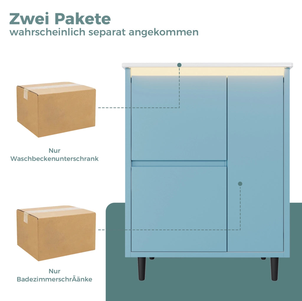 Mobile lavabo bagno freestanding blu con lavabo in ceramica, 2 cassetti e anta