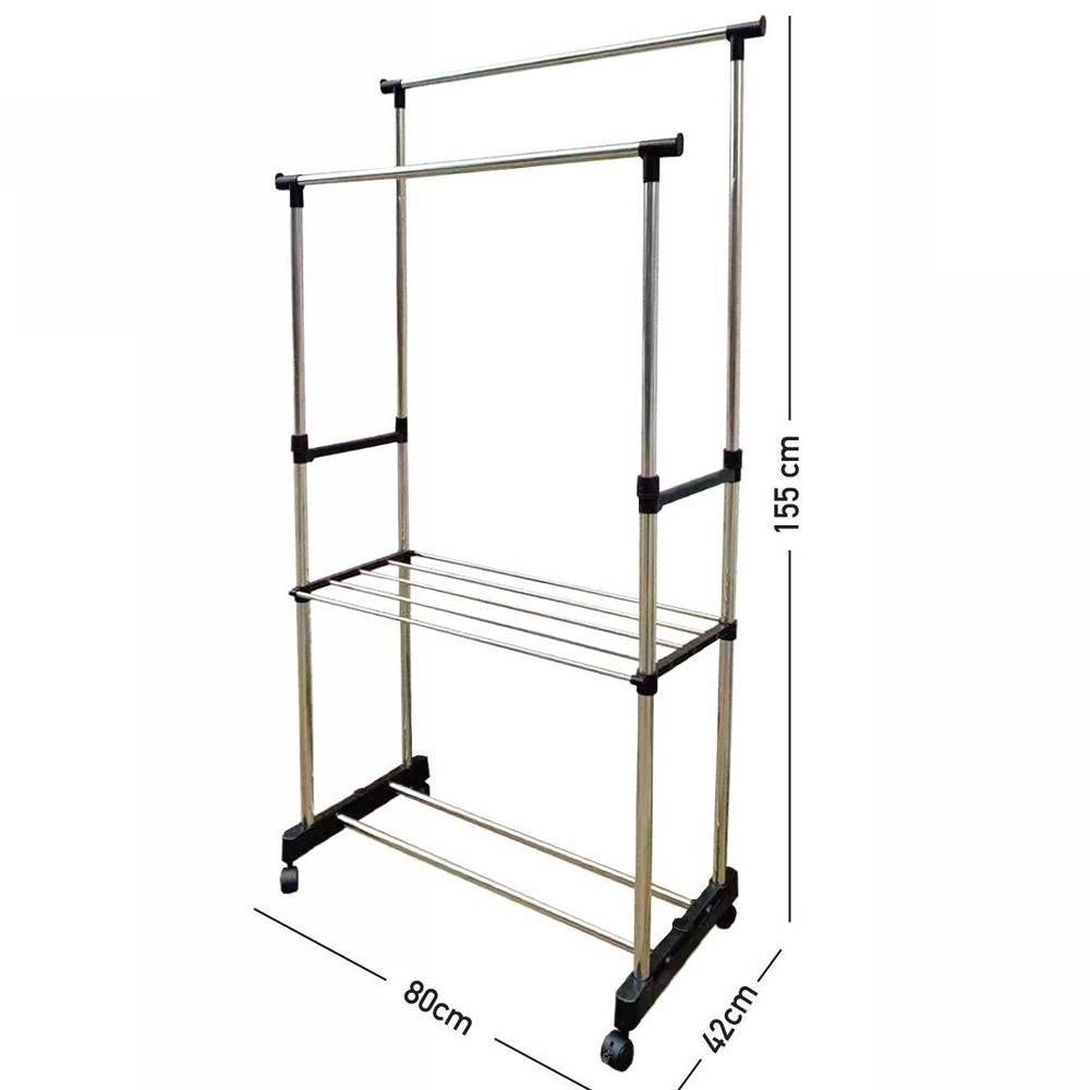 Trade Shop - Stand Appendiabiti Doppio In Acciaio Con Ruote Aste Telescopiche Regolabile -