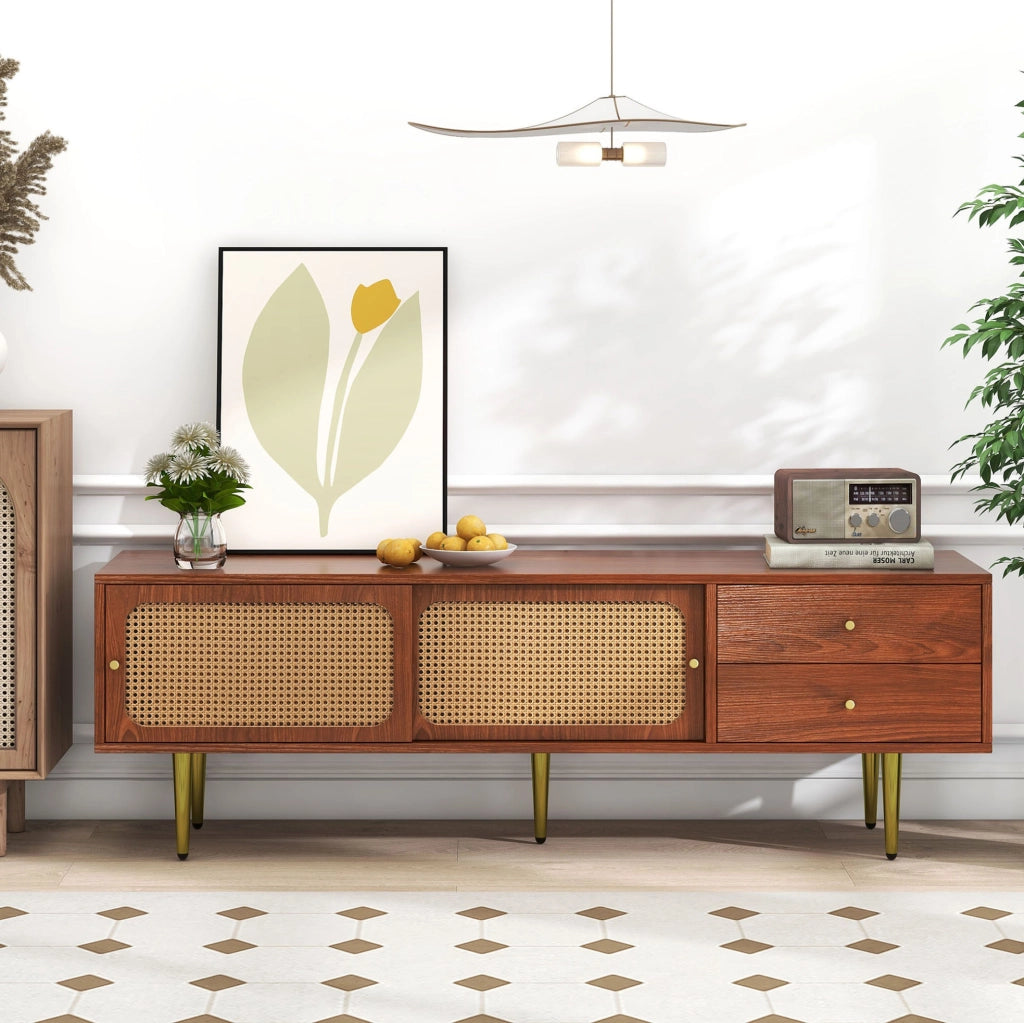 Mobile TV 160x40x60 cm con ante scorrevoli e 2 cassetti in MDF e rattan sintetico noce e caffè