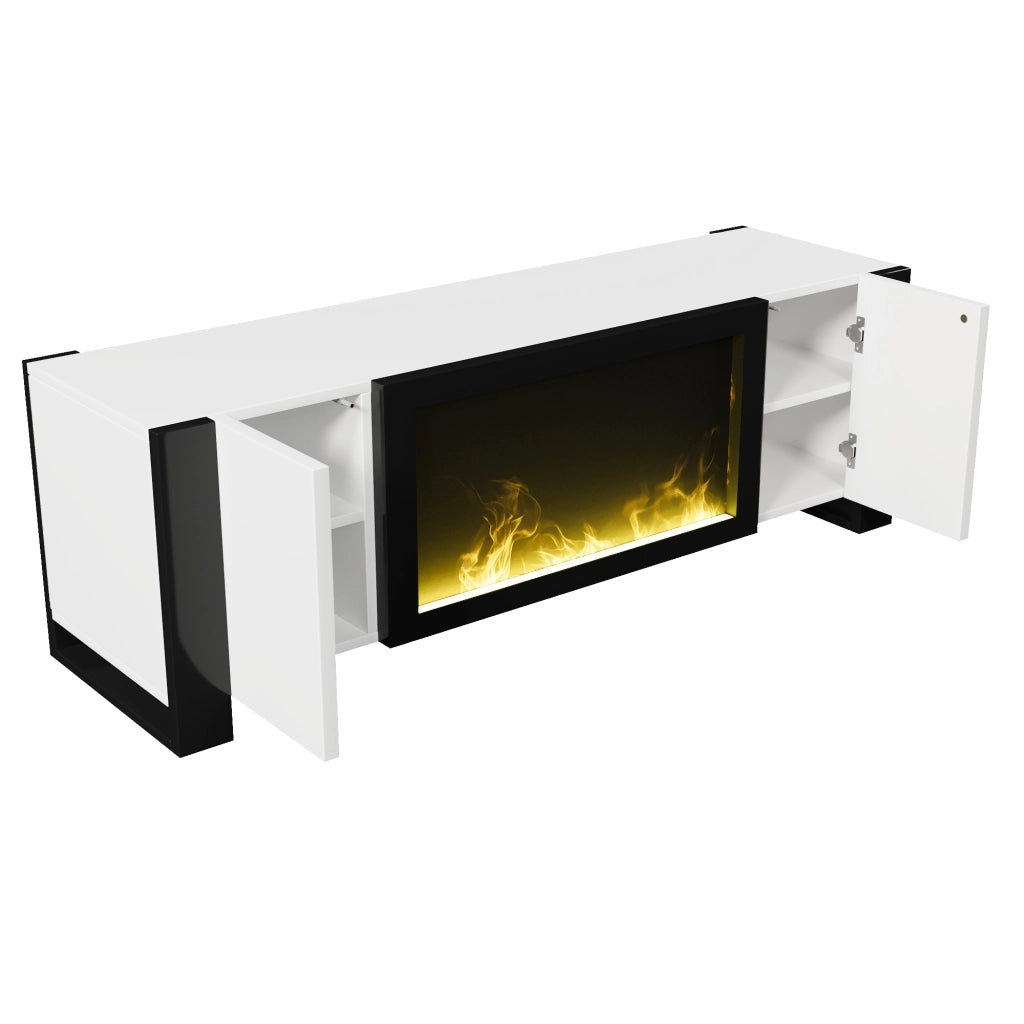 TV-Schrank moderno con camino elettrico decorativo, finitura lucida bianco e nero, 165 x 55 x 32 cm