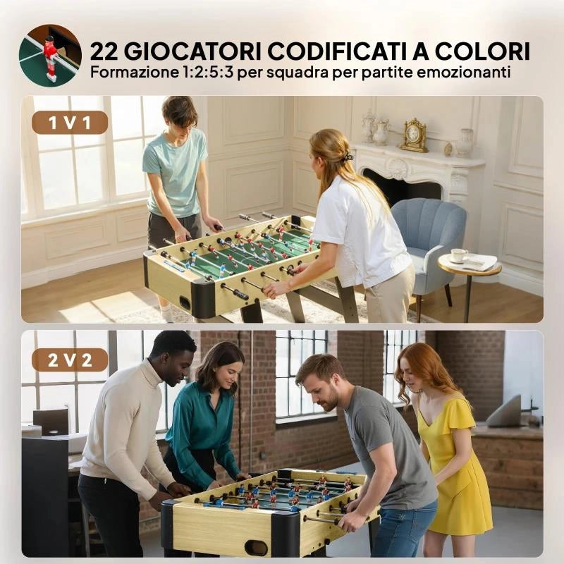 CALCIO BALILLA PIEGHEVOLE CON IMPUGNATURE ANTISCIVOLO, 2 PALLINE E SEGNAPUNTI, VERDE E COLOR LEGNO