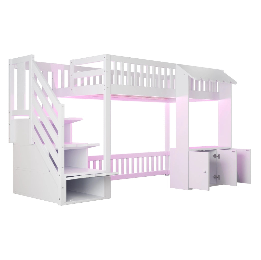 Letto a soppalco multifunzione con scala contenitore e luce LED integrata
