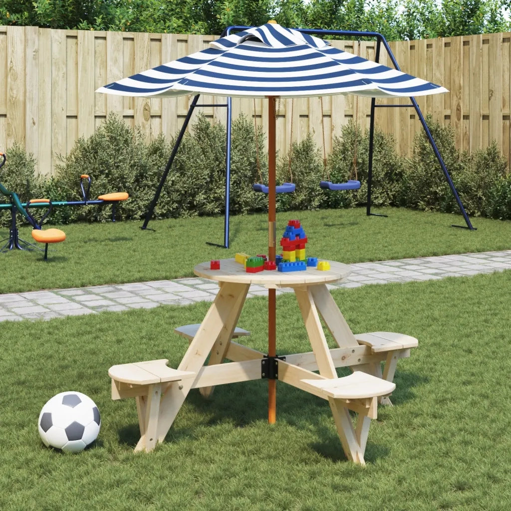 Tavolino da Giardino | Tavolo Picnic per 4 Bambini con Ombrellone Rotondo Legno Abete