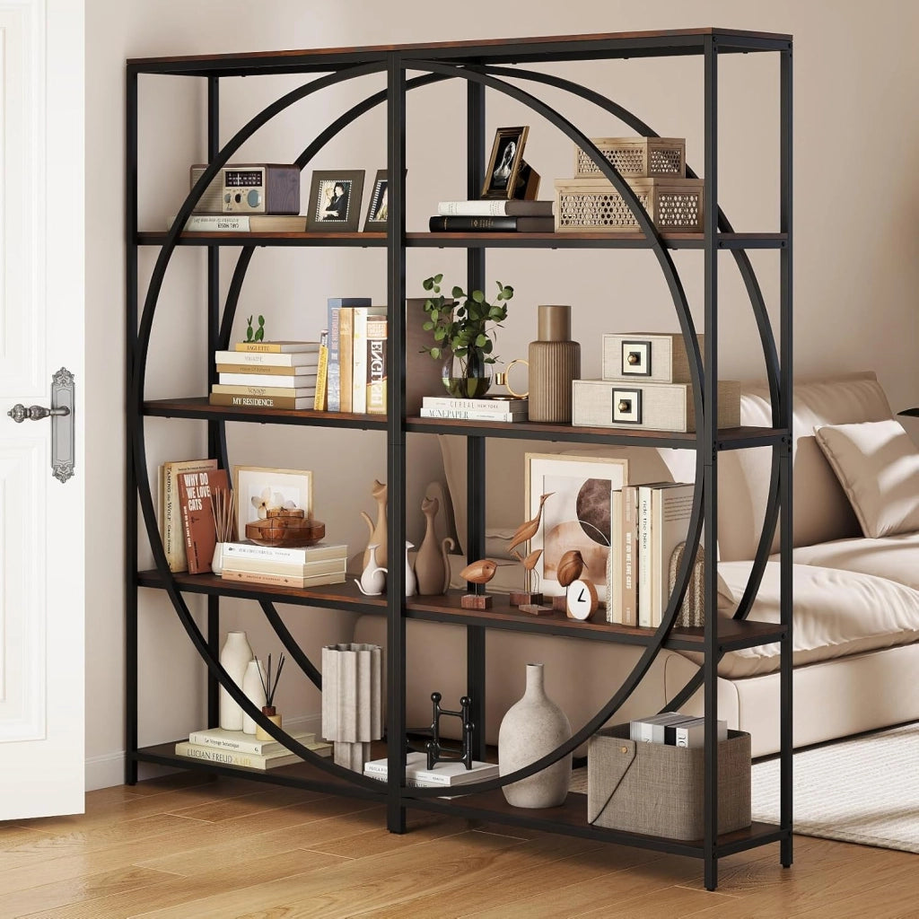 Libreria a 5 Ripiani, Scaffale Alto Indipendente con Design a Mezzaluna, Struttura in Metallo, Libreria da Parete per Soggiorno, Ufficio e Studio, 86 x 30 x 175 cm (Marrone Rustico)