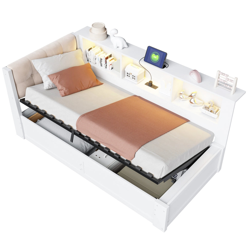 Letto singolo 90x200 cm con contenitore laterale; USB; LED e ripiano; bianco