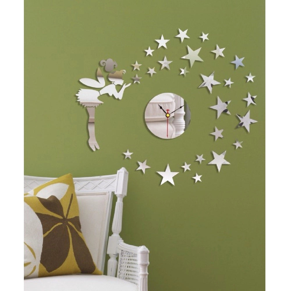 Trade Shop - Orologio Adesivo Fata Stelle 3d Effetto Specchio Da Parete Casa Moderna Decorazione -