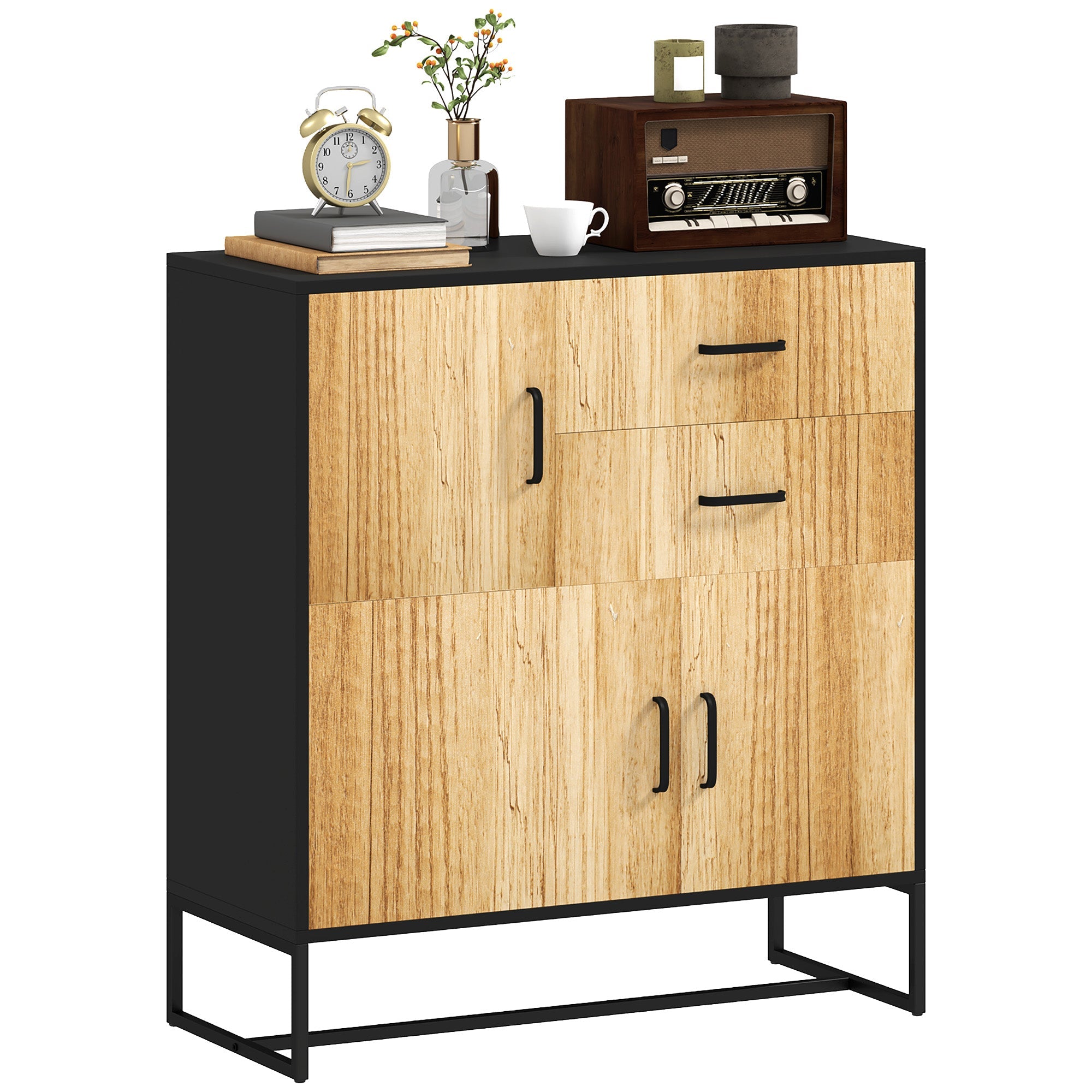 Credenza Mobile Basso Multiuso con 3 Armadietti e 2 Cassetti 80x35x88 cm Nero e color Legno