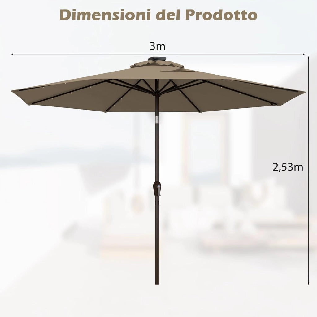 Ombrellone da Giardino con LED Luci Ø300 cm, Parasole da Esterno Ombrello da Spiaggia (Marrone)