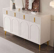 Credenza 140x38x82 cm; 4 cassetti e 4 ante; ripiani regolabili; MDF bianco con dettagli oro