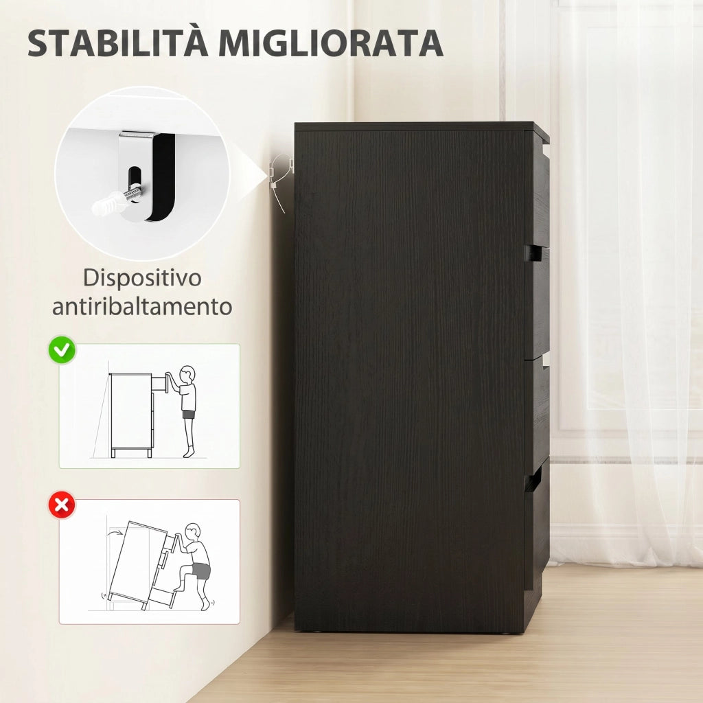 Cassettiera 60x40x85 cm 4 Cassetti Moderna e Minimal in Legno Nero Lucido