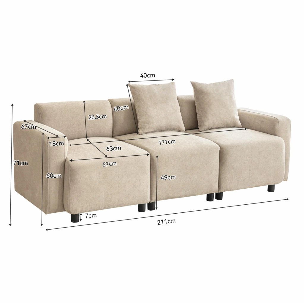 Divano 3 posti 211x67x71 cm in ciniglia beige con 2 cuscini HOMVRA