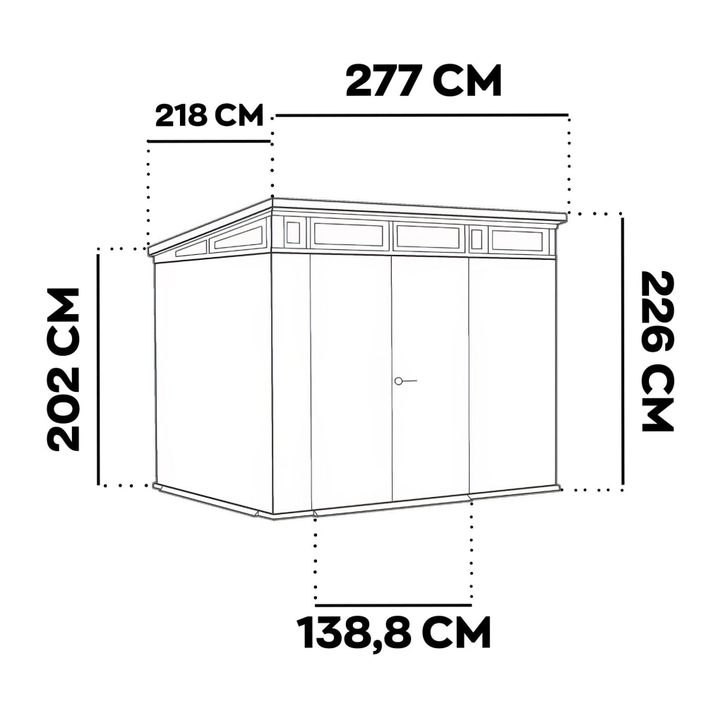 Pent 9x7 - Casetta da Giardino 279x226x218 cm 2 Ante per deposito attrezzi finitura effetto legno Evotech+ in Resina Marrone e Nero