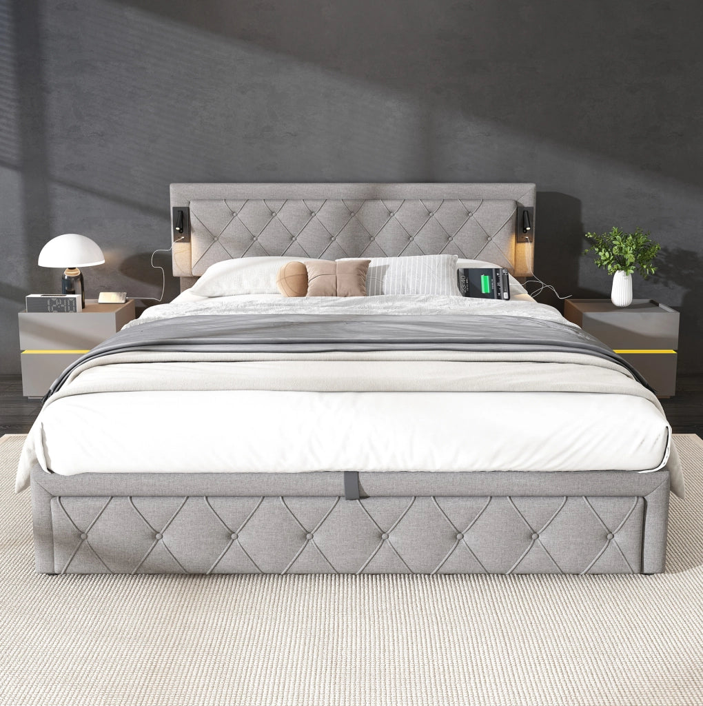 Letto matrimoniale contenitore 180x200 cm; LED e porte USB; lino grigio