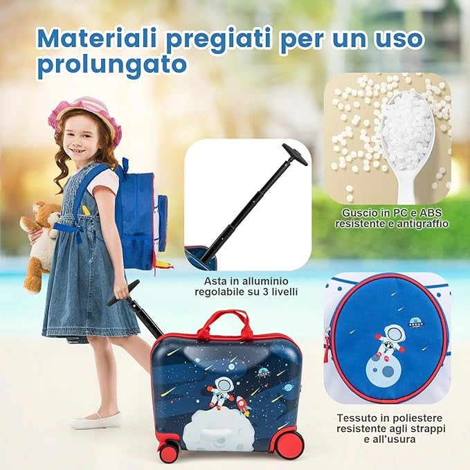 Valigia Cavalcabile per Bambini, 18" Valigia+ 12" Zaino,2 Pezzi, Trolley Bambini Bagaglio a Mano con Ruote Girevoli e Maniglia Retrattile, 2 Cingie Multiuso (Modello 4)