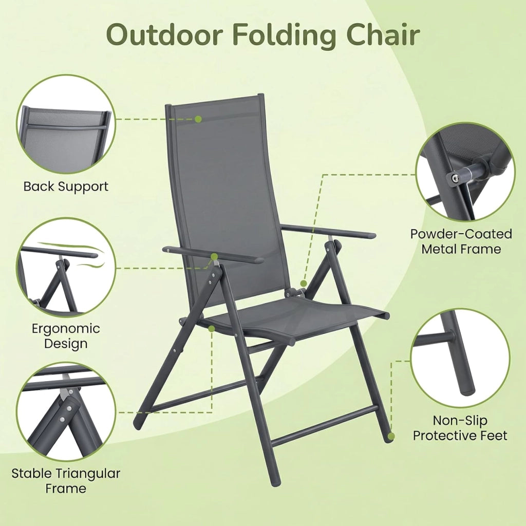 Sedia da Giardino con Schienale Alto Pieghevole Set da 6,Schienale Regolabile su 7 Livelli,Struttura Metallica,Portata Fino a 120 kg,Sedia Pieghevole Leggera per Balcone,Campeggio,Grigio Scuro