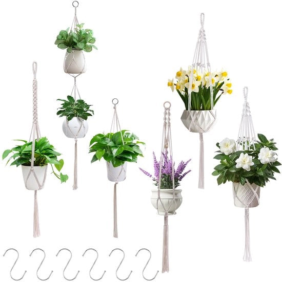 Pacchetto di 6 pendenti macramé con 6 ganci, pendenti per interni, decorazioni boho per interni e esterni, vasi fiori di cotone per interni e esterni, giardini, salotti, finestre, balconi, decorazioni per pareti