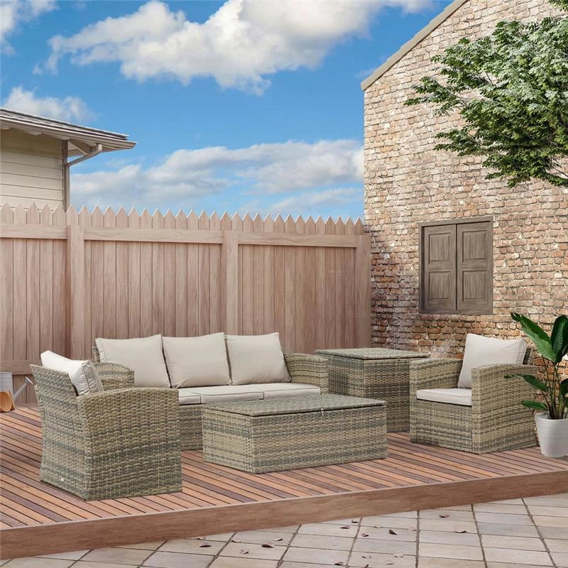 SET MOBILI DA GIARDINO 6 PEZZI IN RATTAN CON DIVANI, POLTRONE E TAVOLI CONTENITORE, BEIGE