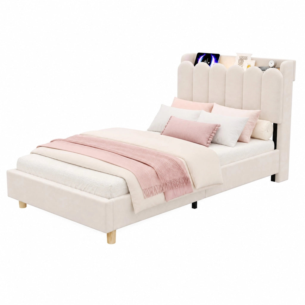 Letto singolo imbottito 90x200 cm in velluto beige, testiera contenitore, USB/Type-C e lampada da lettura