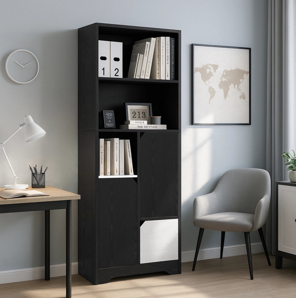 Libreria con 2 ripiani aperti e anta; 60x35x160 cm; truciolare nero
