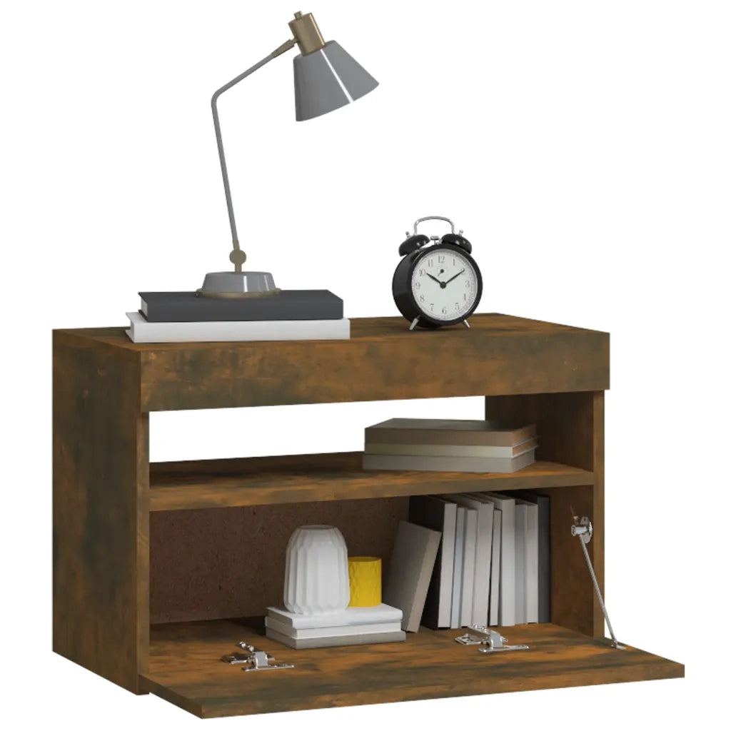 Comodino | Armadio da Notte | Mobiletto da notte con Luci LED Rovere Fumo 60x35x40 cm