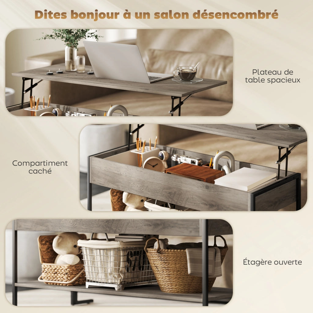 Tavolino da caff¨¨ con piano sollevabile e ripiano aperto ¨C Zephmum ¨C Grigio 95x40x59 cm