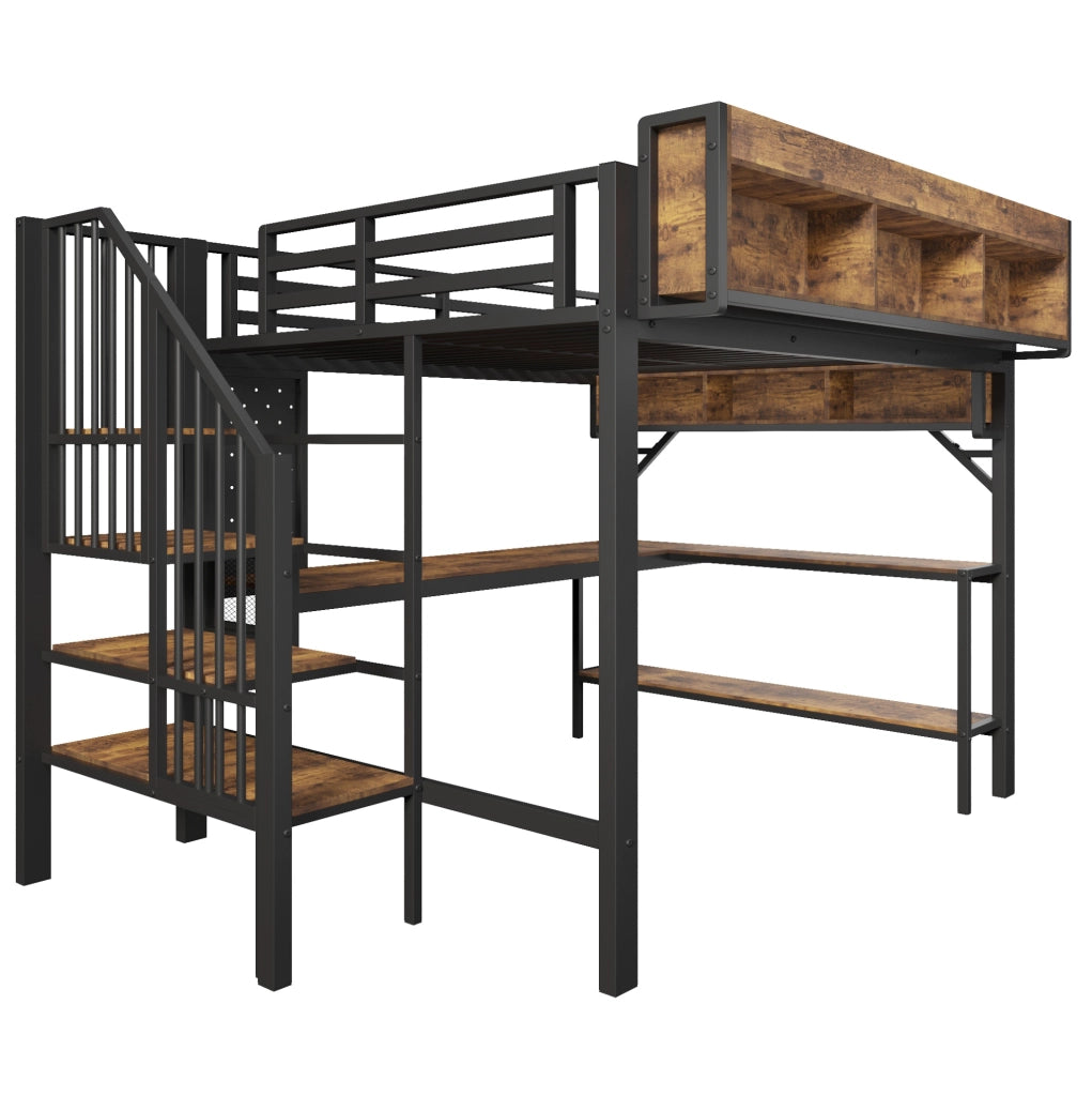Letto a soppalco ULEVR 140x200 cm con scrivania angolare, prese USB-C e LED, marrone vintage e nero