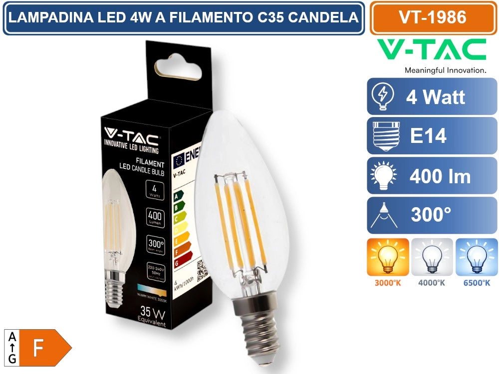V-TAC VT-1986 LAMPADINA LED E14 4W CANDLE BULB C35 CANDELA FILAMENT VETRO TRASPARENTE - Colore Luce:Bianco Naturale