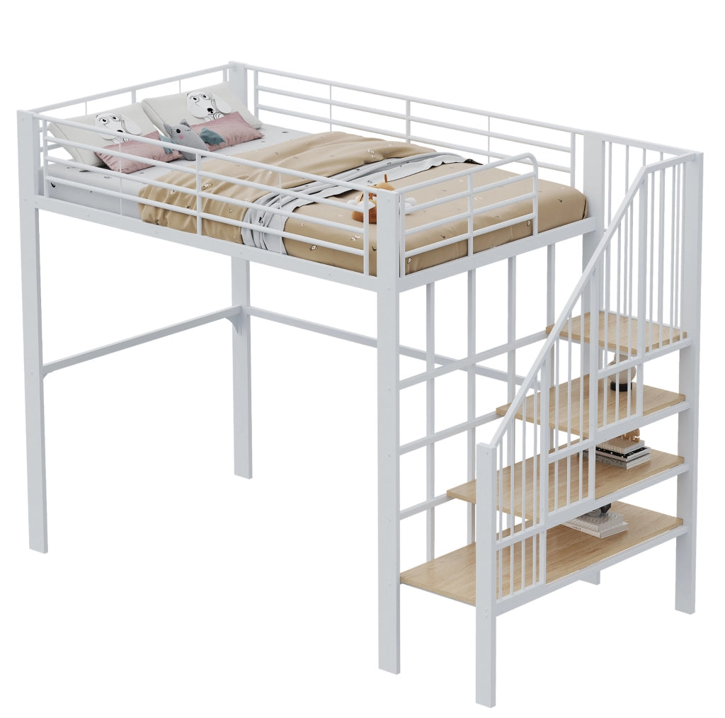 Letto a soppalco 140x200 cm con contenitore e scala in metallo e legno bianco