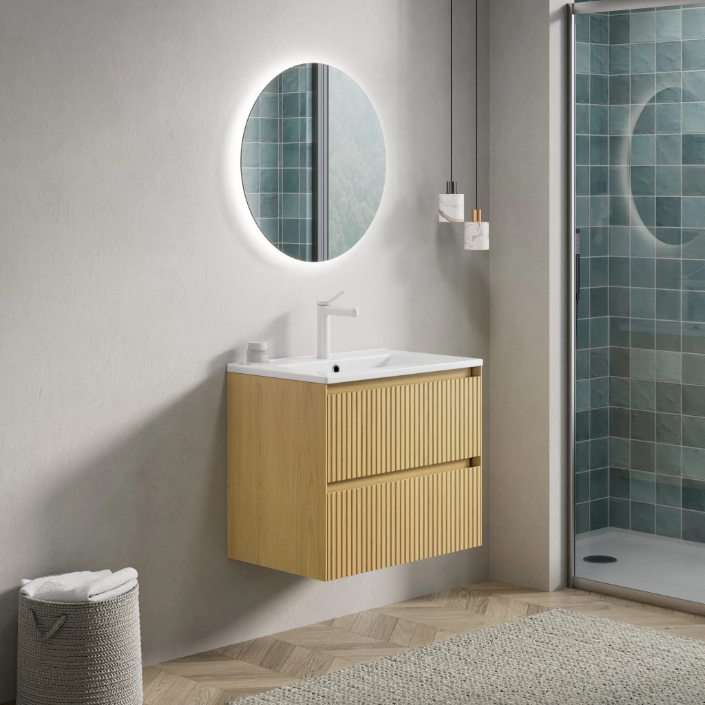 MOBILE BAGNO SOSPESO 61 cm con lavabo in ceramica Bianco e Rovere Dorato
