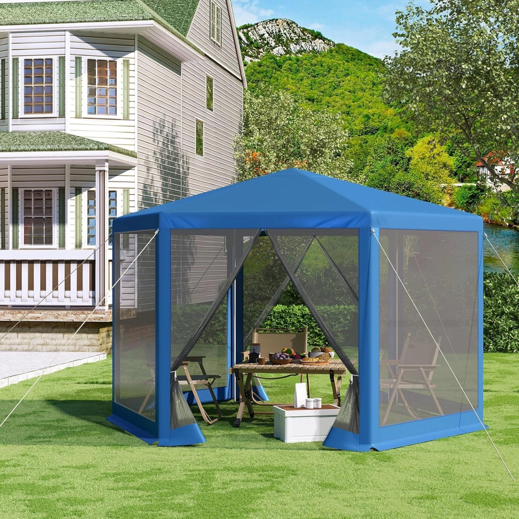 Gazebo da Esterni, Pergolato da Giardino, Gazebo Pieghevole e Impermeabile, con Pareti Laterali a Zanzariera, Esagonale, per Campeggio, Feste, 3,8x3,3m, Blu