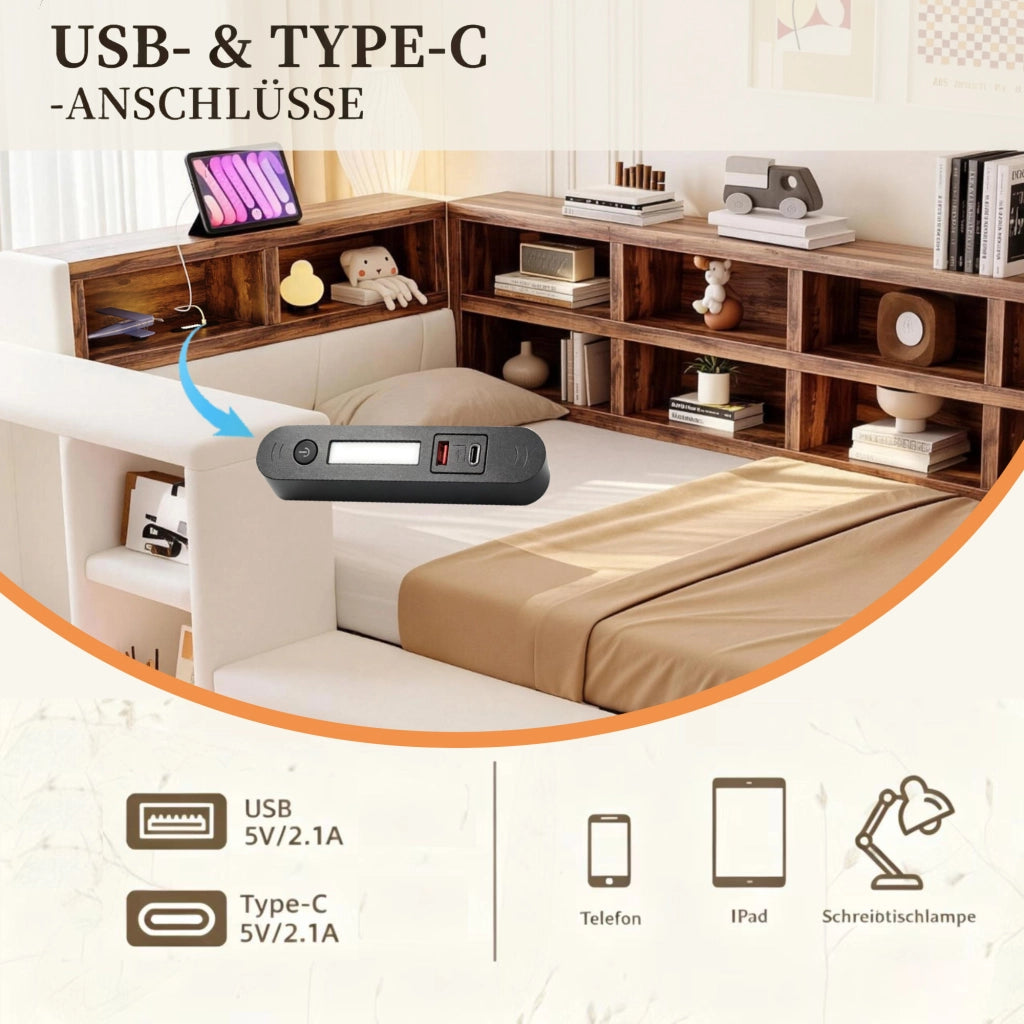 Letto imbottito 90 x 200 cm con LED; prese integrate e vani portaoggetti; beige