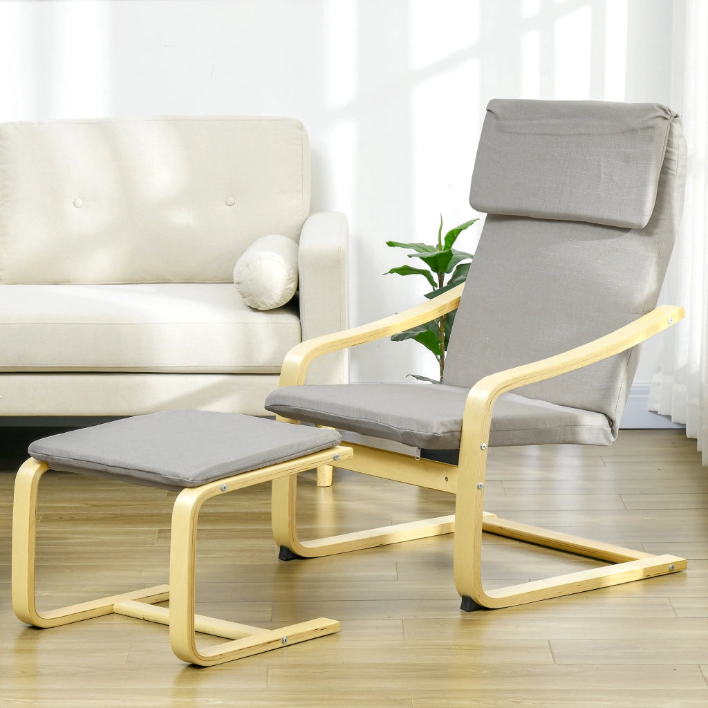 Poltrona relax con poggiapiedi ¨C Xylo ¨C tessuto effetto lino grigio chiaro con gambe in legno naturale