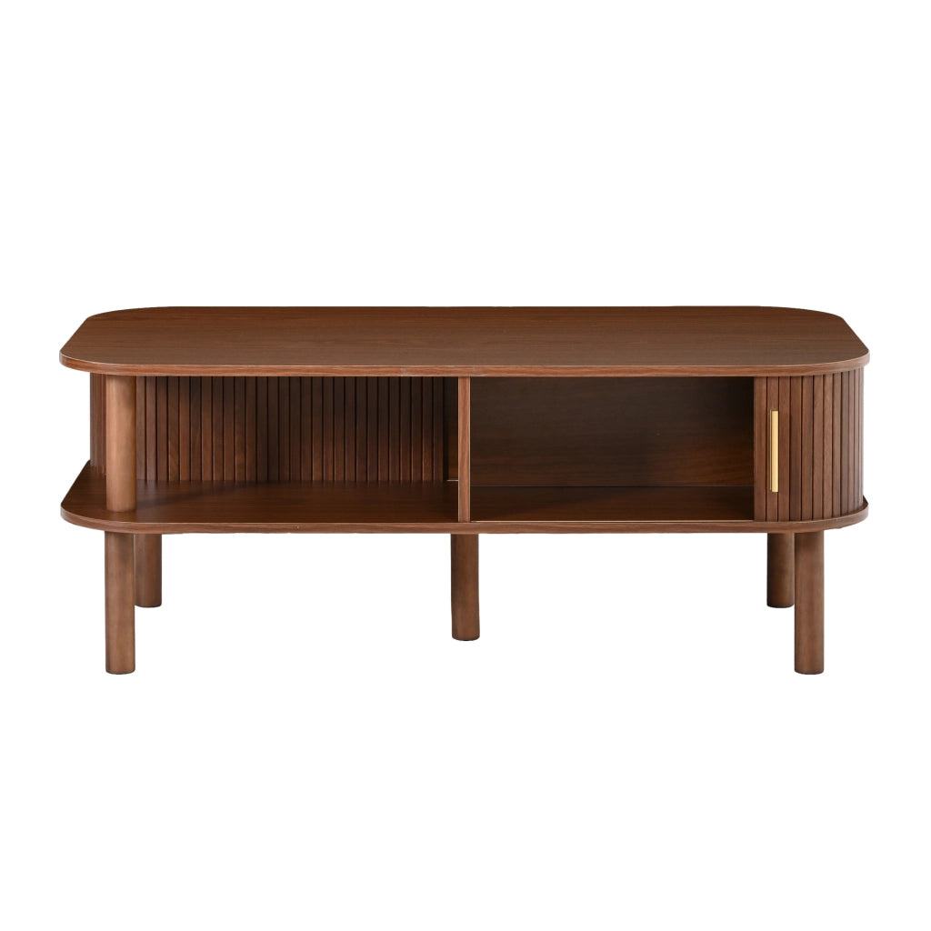 Tavolino, in MDF, con ante scorrevoli e ripiani a vista, 110 x 55 x 45 cm, color noce