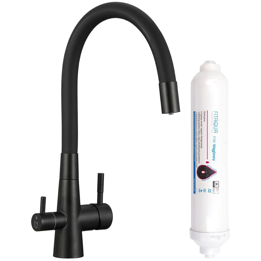 Rubinetto cucina nero con filtro acqua al carbone attivo e doppia leva – design moderno