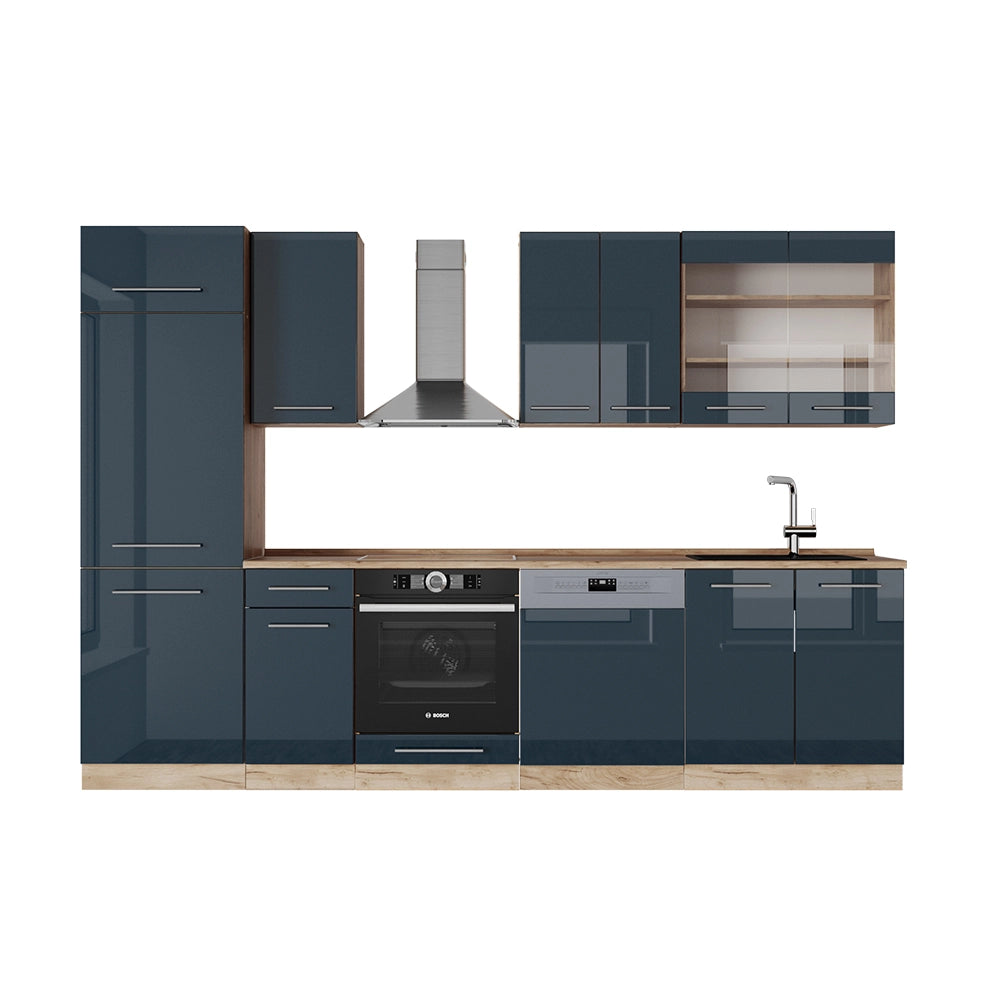 Cucina componibile Fame-Line Blu scuro lucido/Rovere dorato 300 cm, PL Rovere Vicco