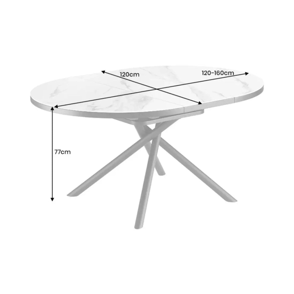 Tavolo da pranzo rotondo allungabile OPHIRA 120-160 cm – Ceramica effetto marmo bianco e metallo nero