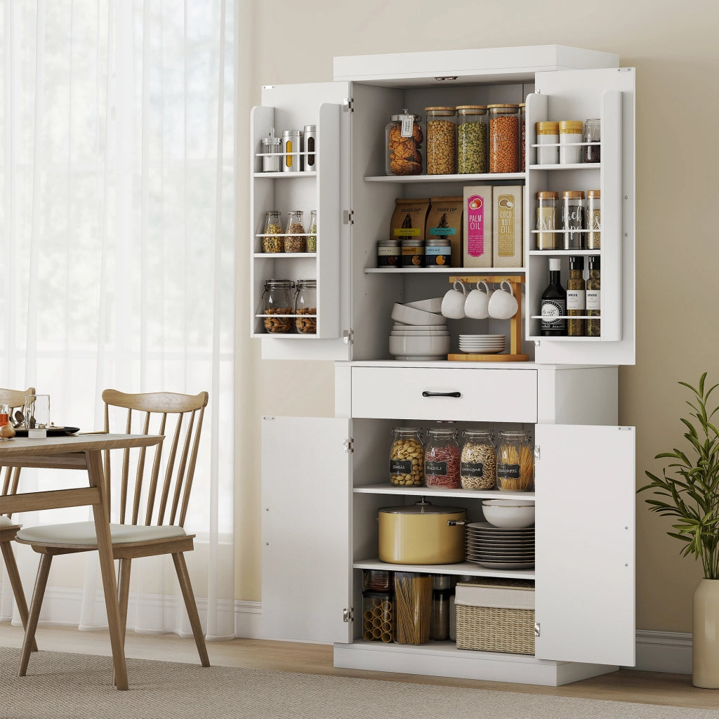 Dispensa Cucina in Stile Country 76x39,5x183,5 cm con 2 Armadietti 6 Ripiani e Cassetto in Legno Bianco