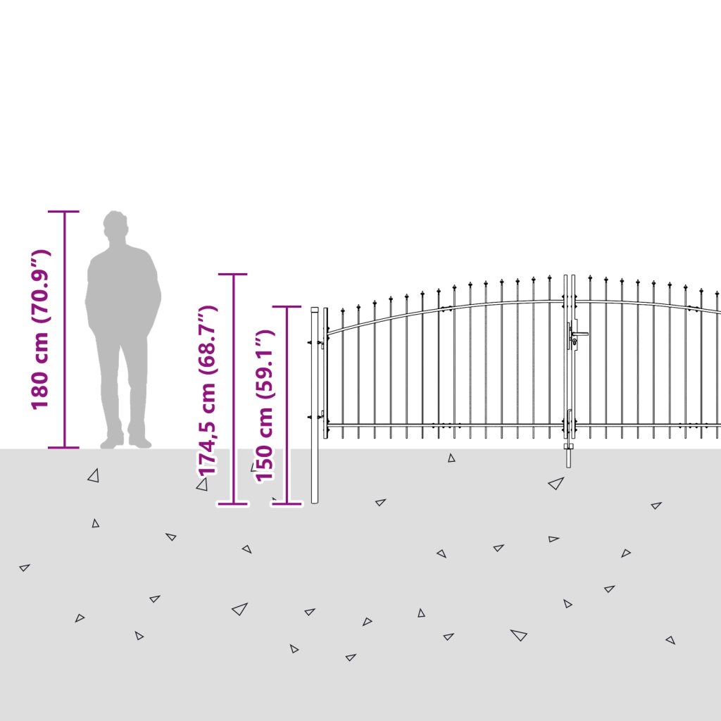 Cancello da Giardino con Punta a Lancia a Due Ante Grigio 125x400 cm Acciaio