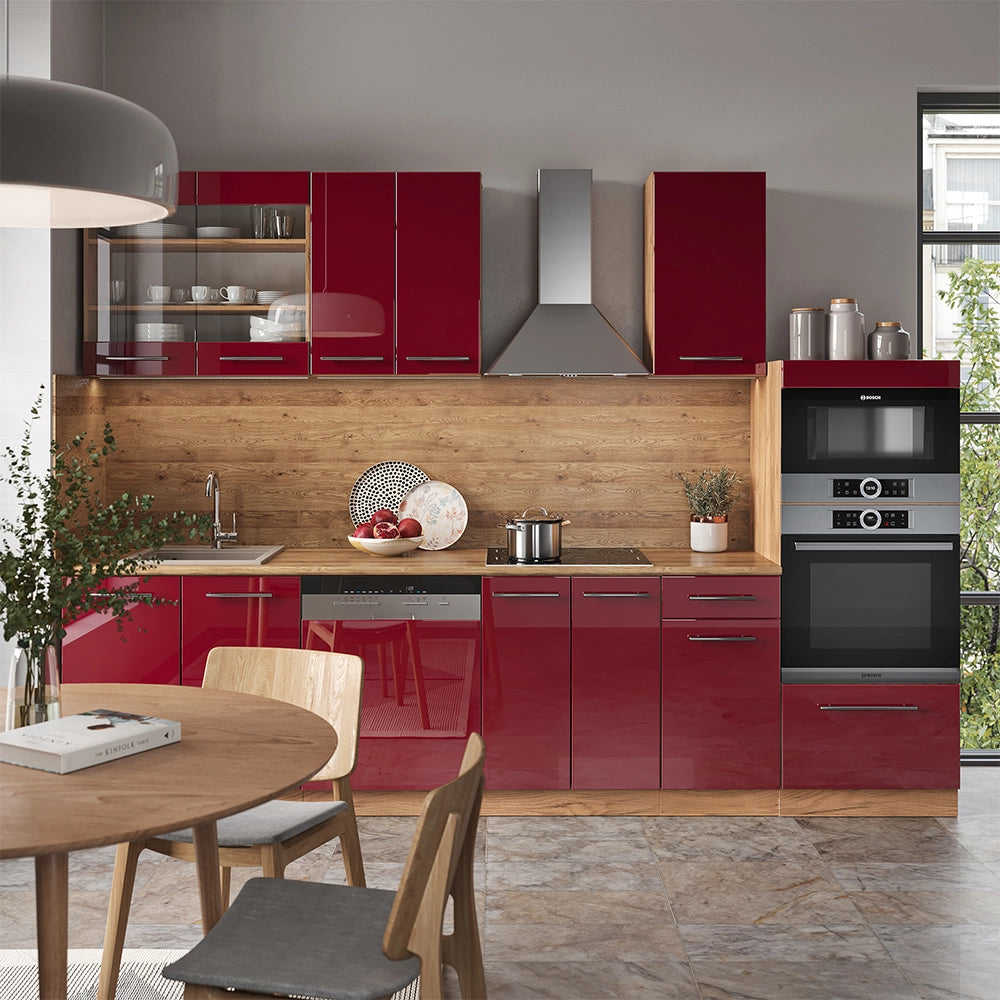 Cucina componibile Fame-Line Bordeaux lucido/Rovere dorato 300 cm con armadio alto, PL Rovere Vicco