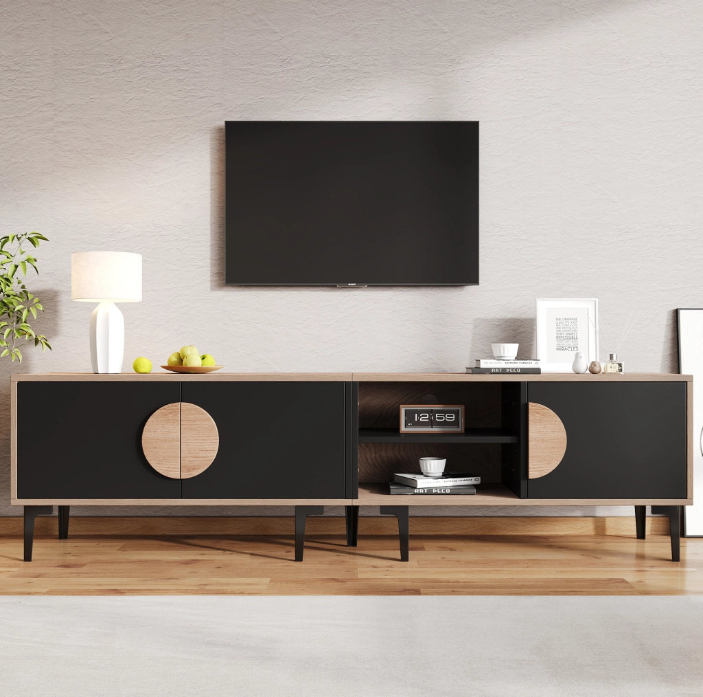 Mobile TV 180x35x49 cm con 3 ante e 2 vani aperti in truciolato naturale e nero