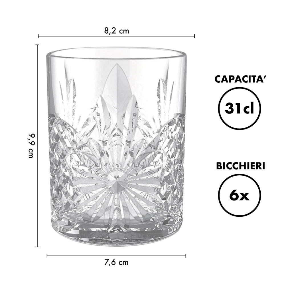 Set 6 Bicchieri Da Whisky 31Cl In Vetro Resistente Lavorato Bicchiere Design Moderno Cucina Acqua Cocktail Rum Certificati Contatto Alimentare Lavastoviglie Microonde Bar Ristorante Kiel