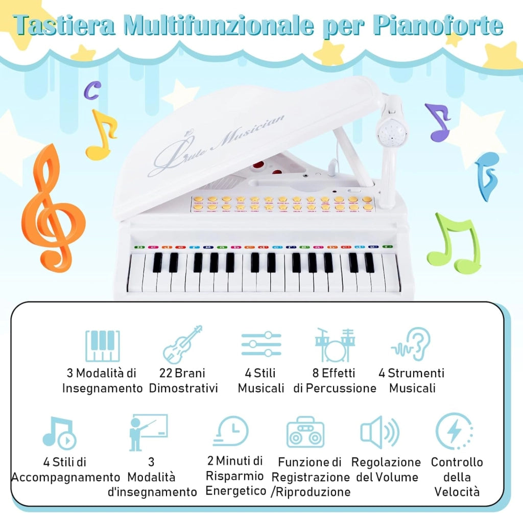 Tastiera Pianoforte a 31 Tasti per Bambini con Microfono e Sgabello, Tasti Giocattolo Portatile con Modalità di Insegnamento a LED, Pianoforte a Coda per Bambini 3+ Anni (Bianco)